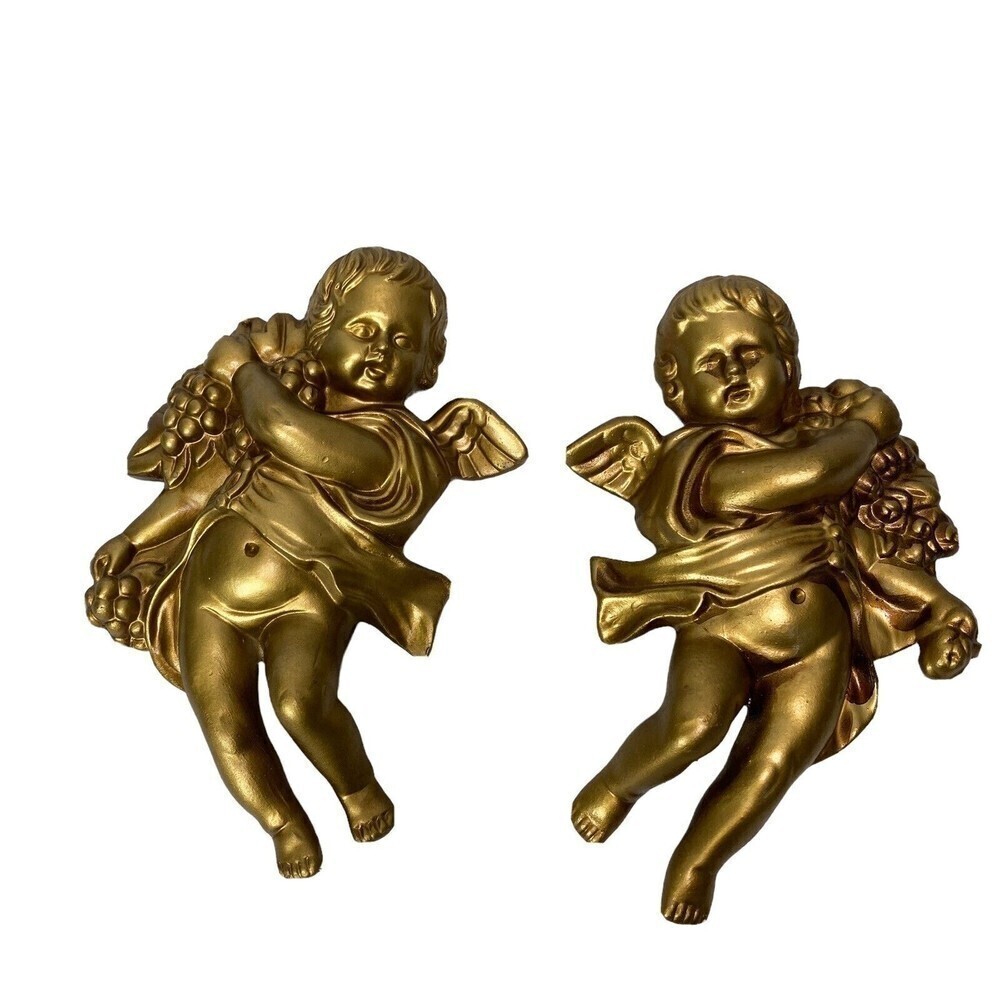 2 Gold Cherub Angel Lee Wards  Wall Hanging Plaque Chalkware 8" Long Vintage